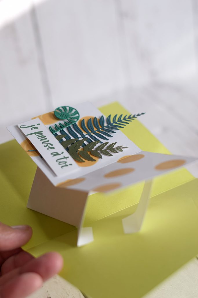 Carte popup plateforme simple ouverte en 3 vues - décoration fougères et message je pense à toi