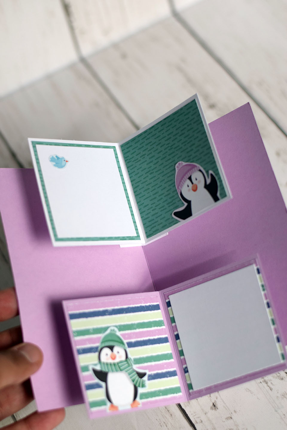 carte popup double plateforme pingouins - vue debout création 3D