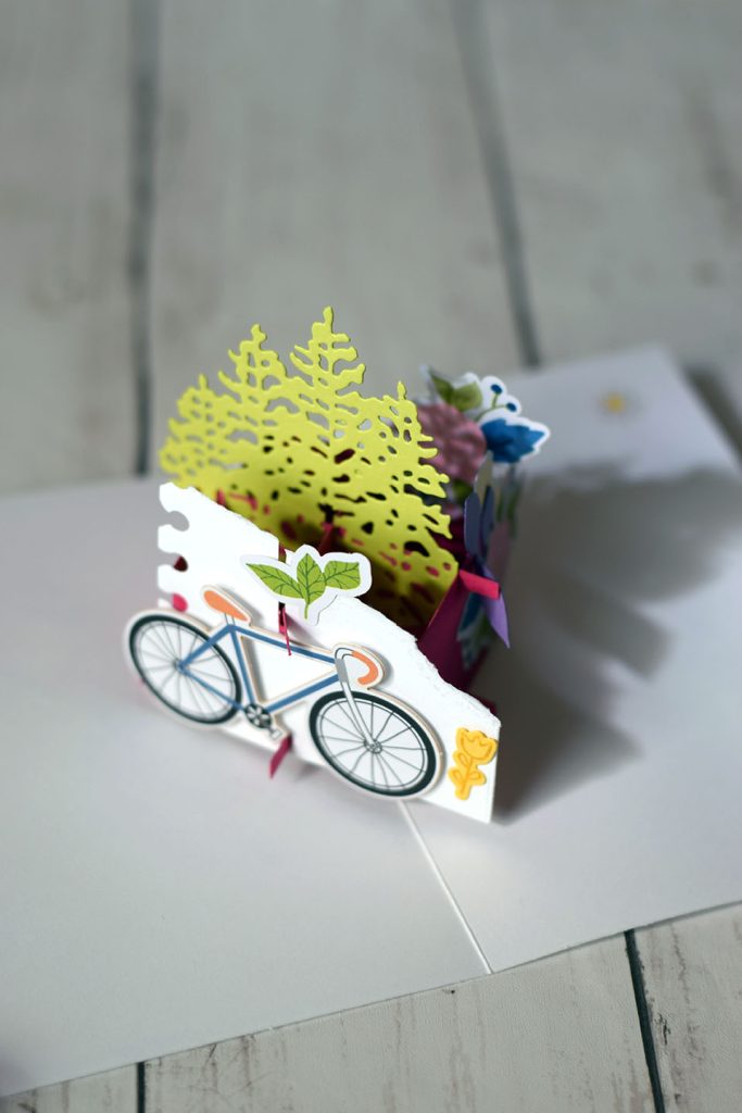 carte popup grille 3D nature, arbre et vélo