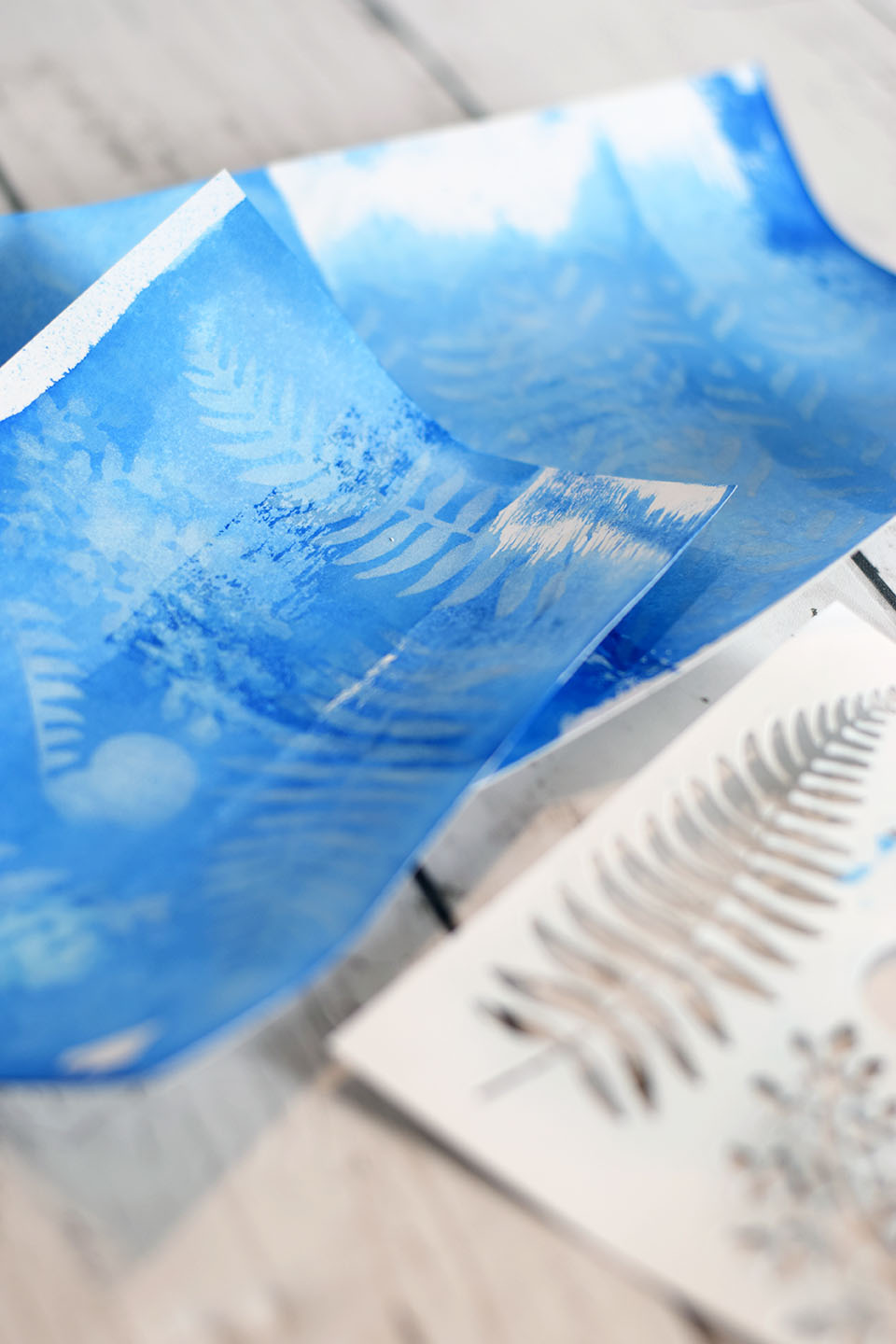 Cyanotype scrapbooking réalisé avec négatifs de découpes florales impression photographique bleu soleil
