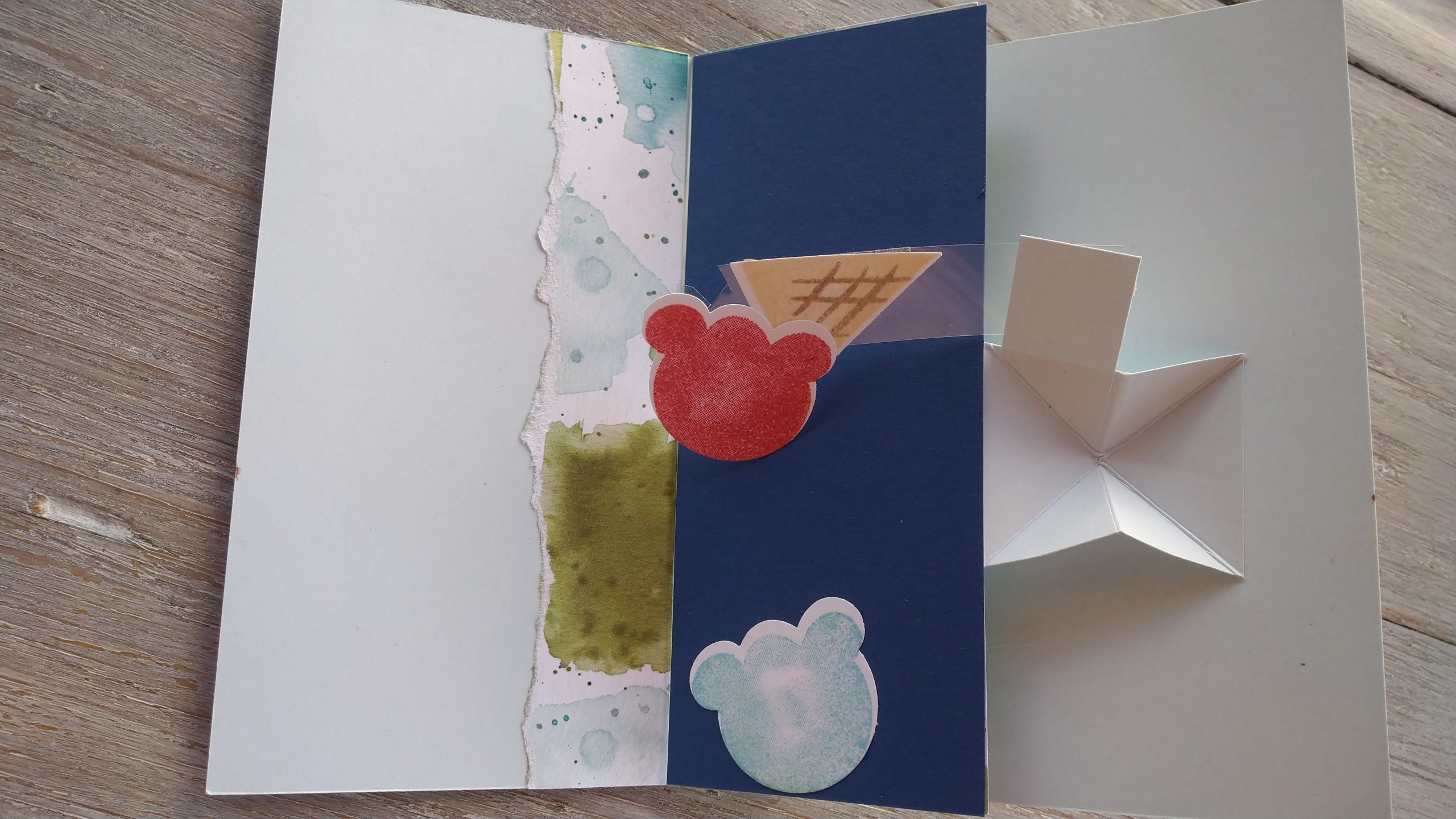 carte popup bras mobile réalisée par Babette lors d'un atelier scrapbooking