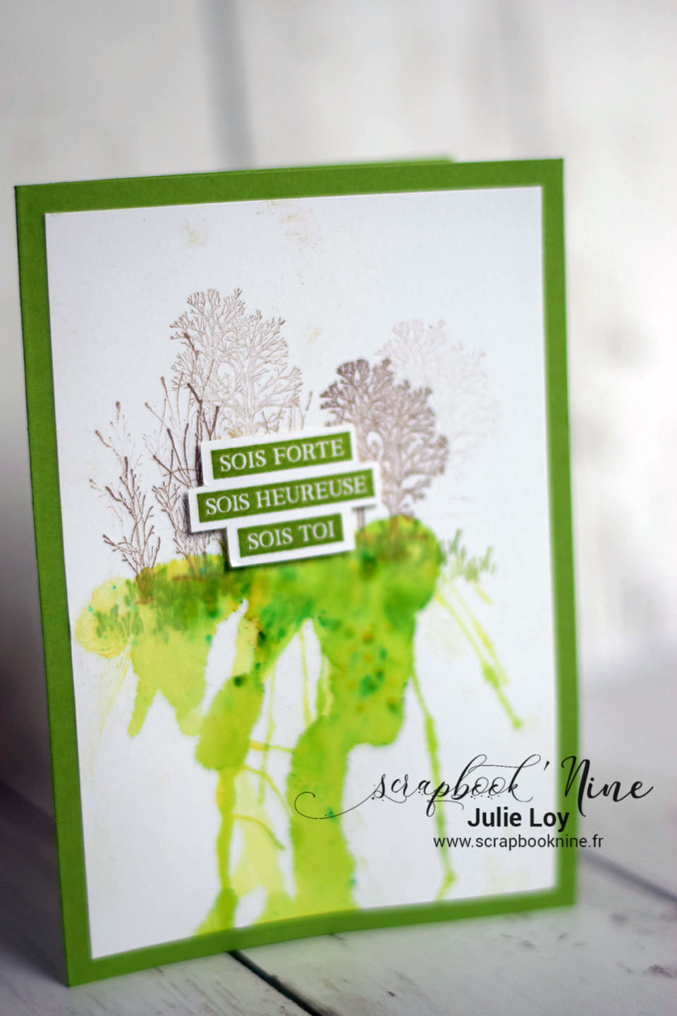 Carte aquarelle avec effet dégoulinure organique à la paille, encres Stampin'Up!