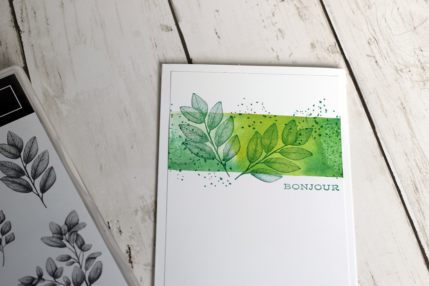 Carte feuillage infini avec fond aquarelle réalisé au bloc transparent Stampin'Up!