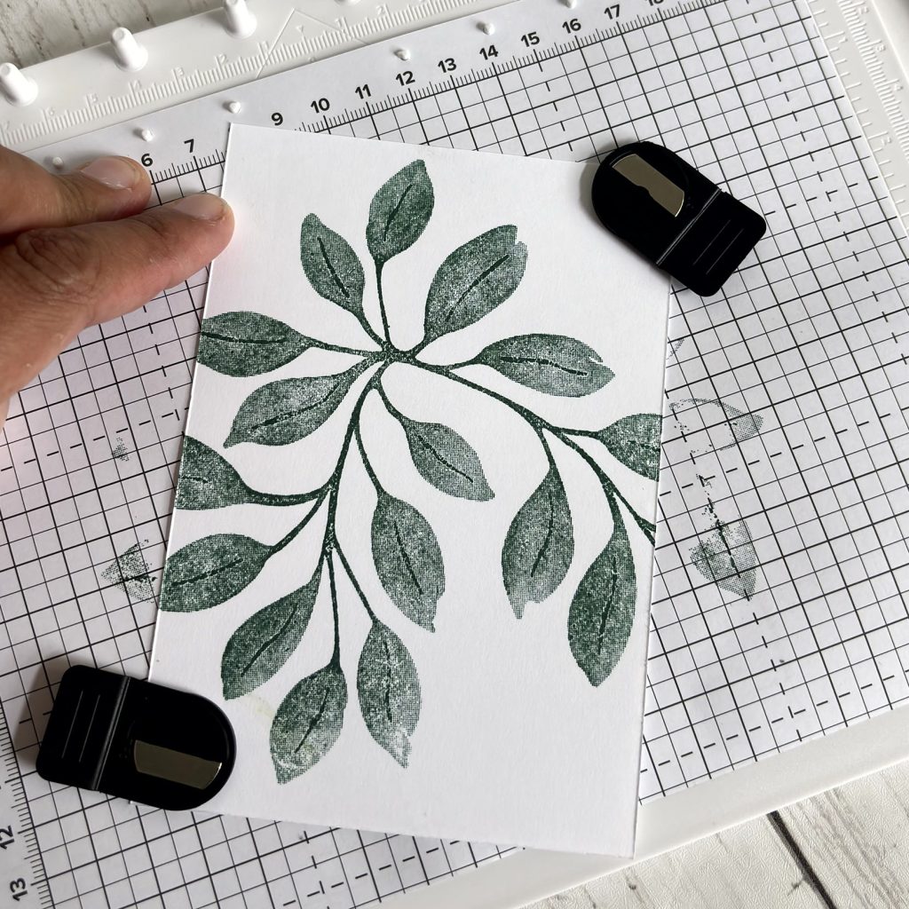 Résultat final du branchage de feuilles tamponné sur papier blanc grâce au positionneur d'images Stampin'Up!
