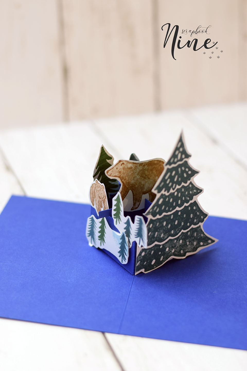 carte popup grille 3D ours et sapins - thème nouvel an bleu