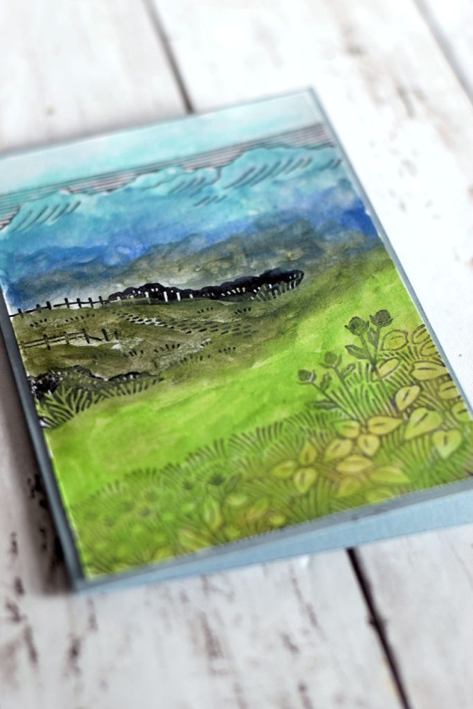 Carte scrapbooking prairie avec l'effet pastel sec et pinceau à eau (sans les doigts)