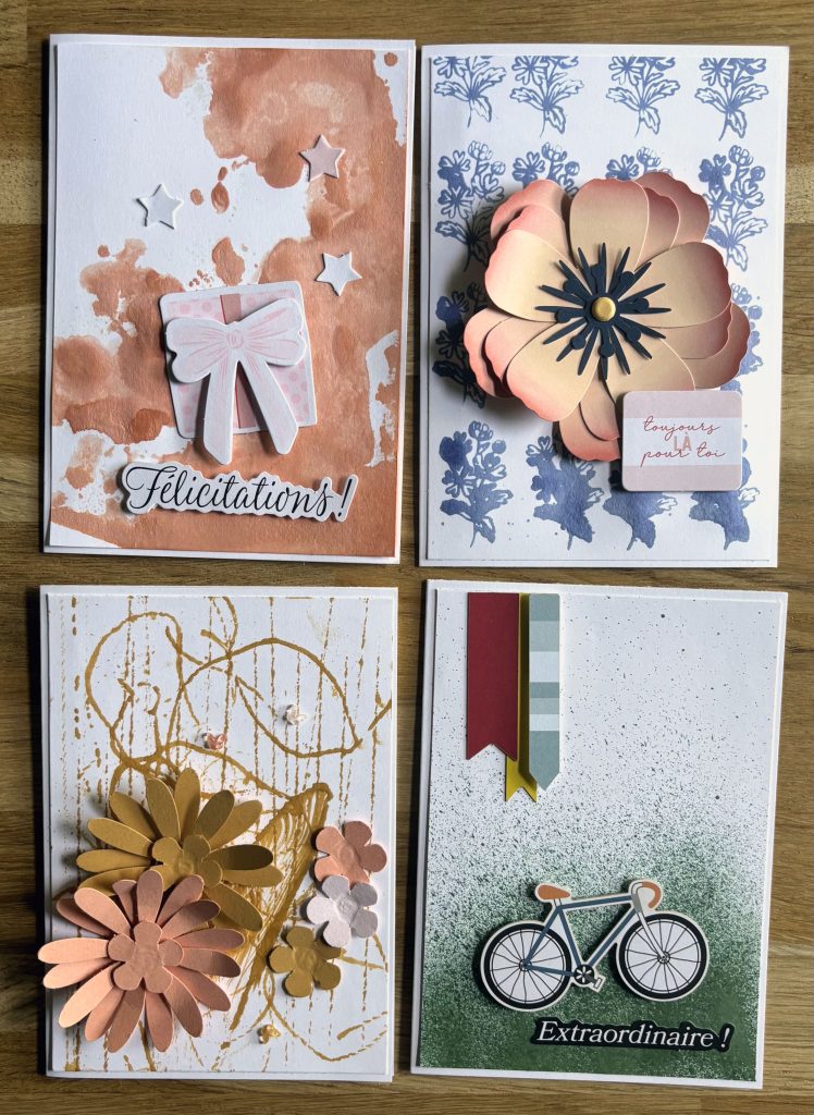 Cartes scrapbooking avec fonds texturés réalisés à l'encre liquide Stampin'Up! — résultats finaux