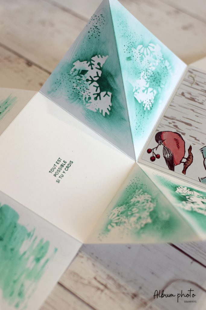 mini album systeme de pli popup avec des papiers oiseaux hivernaux Mini album systeme de pli popup avec des papiers oiseaux hivernaux