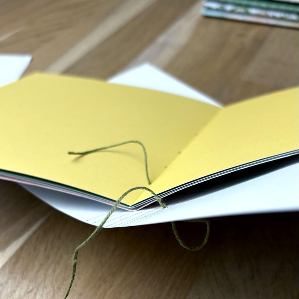 passage du fil pour couture long stitch visible sur dos de carnet