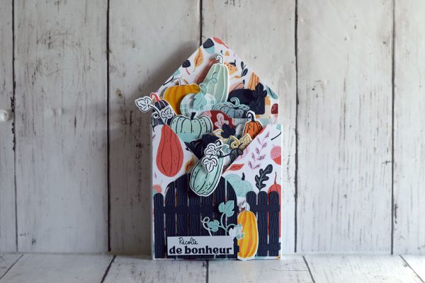 Enveloppe box automne posée debout, ouverte sur une avalanche de citrouilles et courges en volume