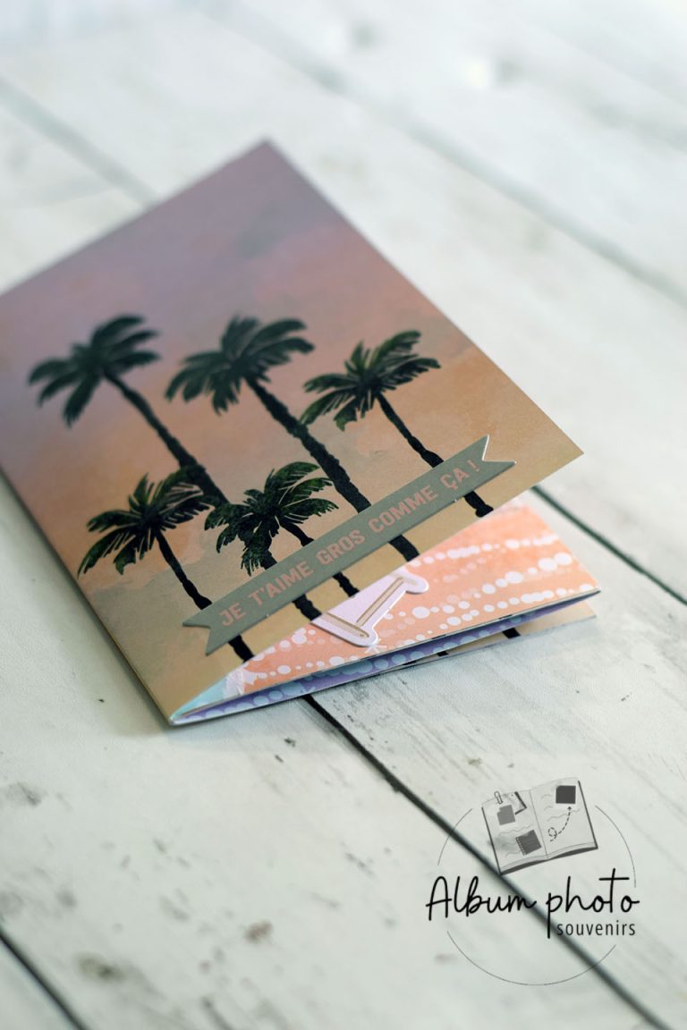 Mini album photo fait main one sheet - couverture palmiers coucher de soleil lilas et rosé