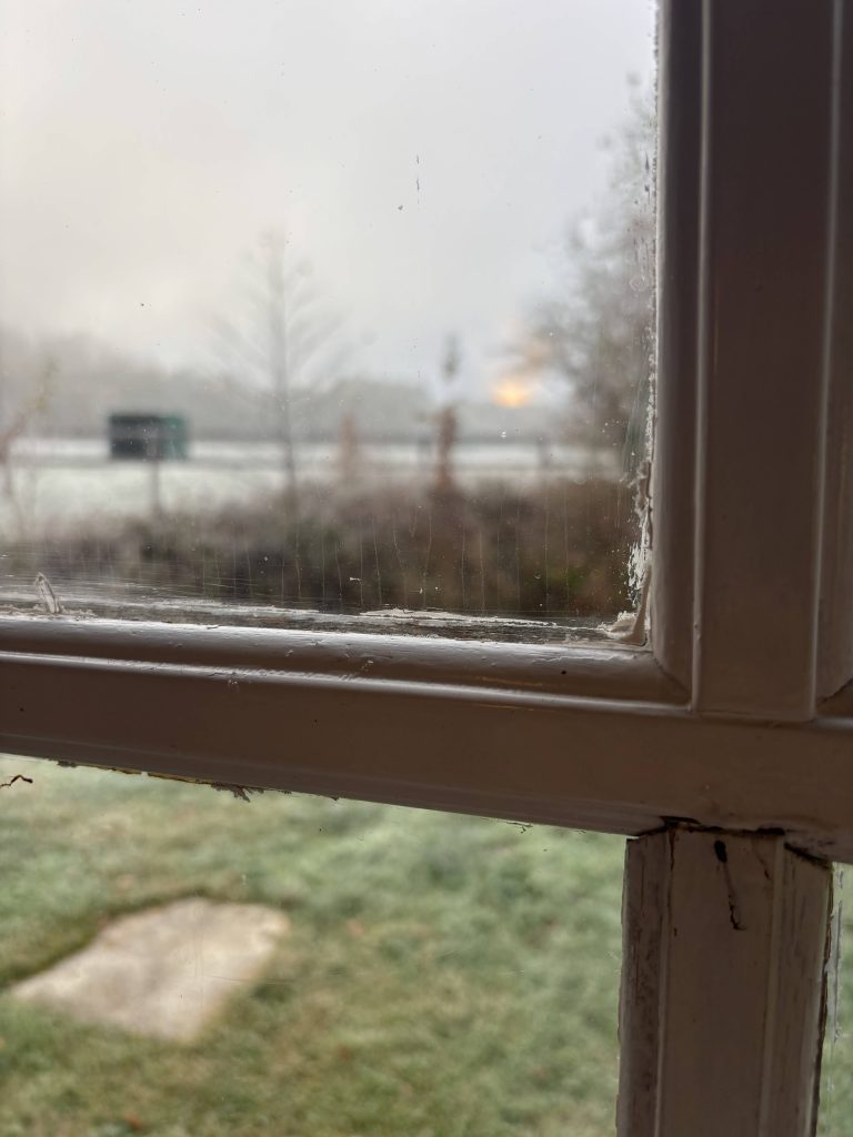 Vue depuis une fenêtre de La Bergerie à Brie par temps de brume, cadre cosy du week-end scrap 2026