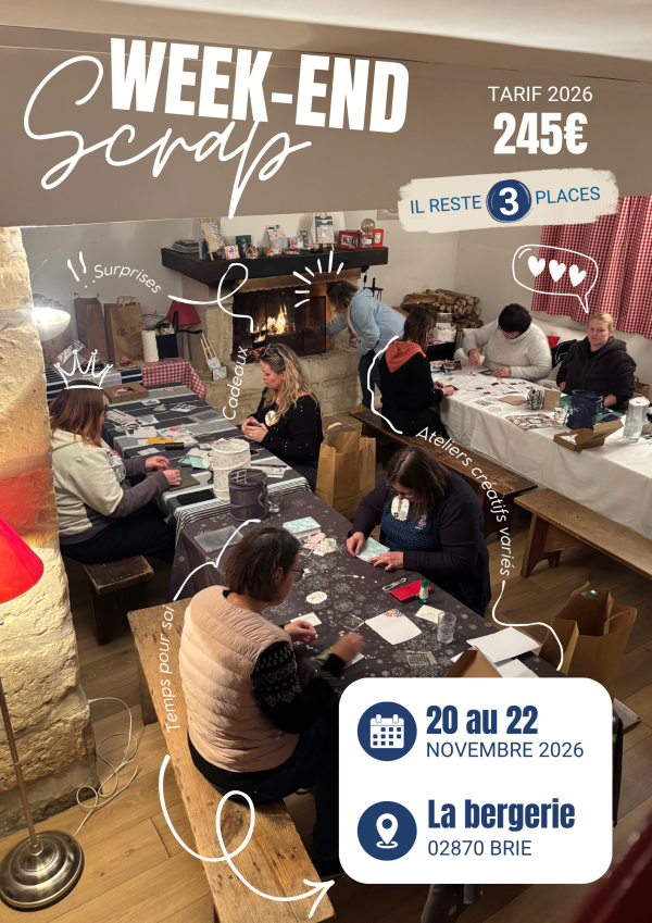 Participantes au week-end scrap 2026 autour d'une grande table créative à La Bergerie, Brie